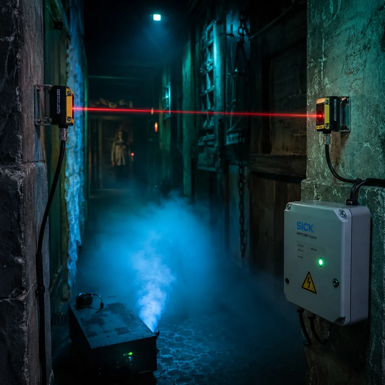 Haunted house corridor with industrial photoelectric sensors and relay control boxes triggering fog machines